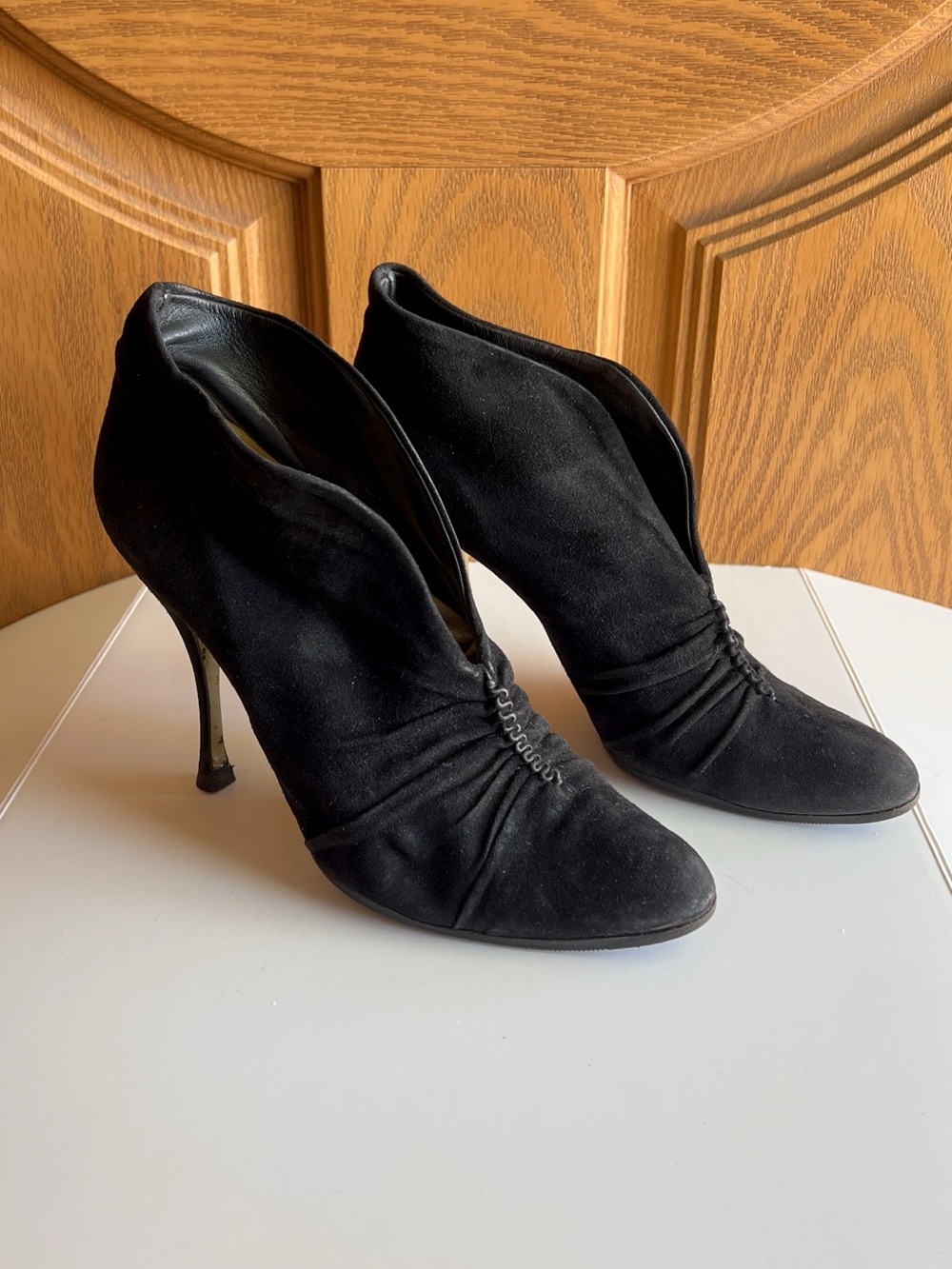Dolce & Gabbana Black Suede Ruched Stiletto Ankle Boots Booties EU 37.5